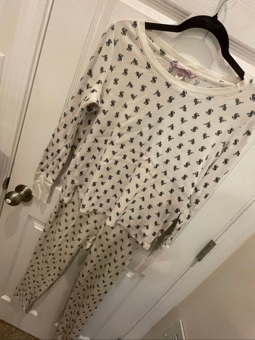 Victoria’s Secret Thermal Pajama Set Small S Cream Black VS Monogram Waffle Knit